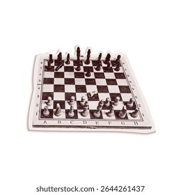 Trendy halftone collage of a chessboard cut out an old newspaper. Isolated vector illustration grayscale retro sticker with Bitmap and Dots texture. Vintage aesthetic, 80s - 90s vibe, nostalgic