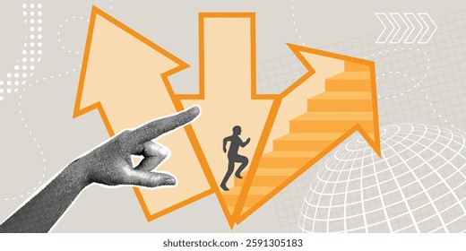 Trendy halftone collage. Choose your path. Concept of the path to success, new opportunities, progress,problem solving concept. Hand points to a path with an upward arrow to success.