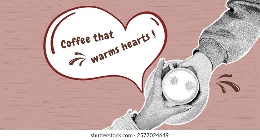 Trendy halftone collage. Coffee that warms hearts. Hands with halftone effect holding a mug with hot coffee.