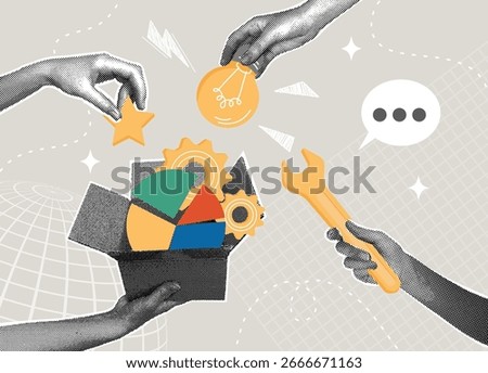 Trendy halftone collage. Collaboration and teamwork. Joint creation of ideas. The concept of uniting to achieve success, cooperation, optimization, joining research.