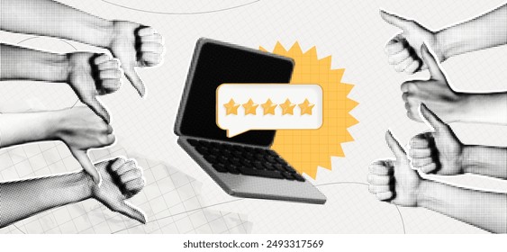 Trendy Halftone Collage computer with five star rating. Hands with thumbs up and thumbs down gestures. Online feedback. Yes or no choice banner. Quality review. Contemporary vector illustration art