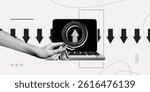 Trendy Halftone Collage Computer with Hand holding magnifying glass and arrow pointing up. Search for financial investments. Stock trading on market. Contemporary vector illustration art