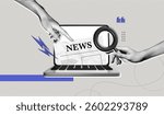 Trendy Halftone Collage Computer laptop with newspaper and hands. Hand holding magnifying glass to search news. Fake press. Reading information online. Contemporary vector illustration art