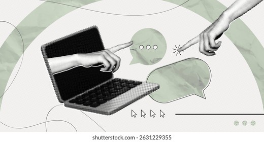 Computador portátil de colagem de meio-tom moderno com mensagens de bolhas de mãos e fala. Comunicação e discussão online. Bate-papo nas mídias sociais. Comentários do cliente. Ilustração de arte vetorial contemporânea