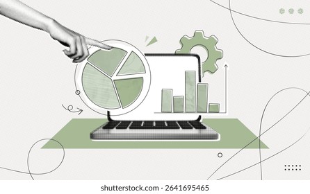 Trendy Halftone Collage Computer laptop with financial analytics. Pieces of pie chart. Business data and market share concept. Finance graph. Investment strategy. Contemporary vector illustration art