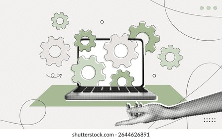 Trendy Halftone Collage Computer Laptop with Cogwheel Gears. 
Goal achievement project. Programming, upgrade and repair. Work optimization. Project management. Contemporary vector illustration art