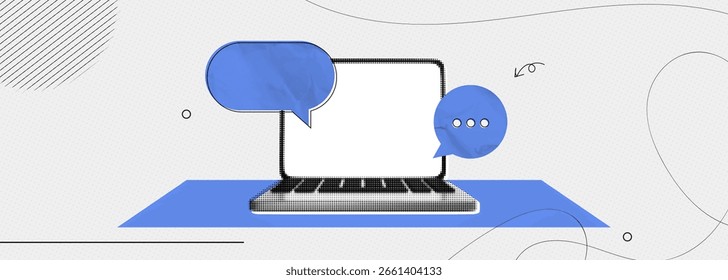 Trendy Halftone Collage Computer Laptop mit Sprechblasen-Nachrichten. Kommunikation in den sozialen Medien. Online-Chat oder -Forum. Diskussion und Feedback. Zeitgenössische Vektorgrafik