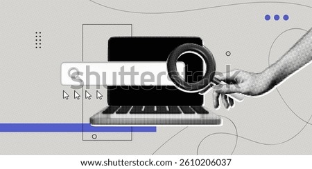 Trendy Halftone Collage Computer laptop and hand holds magnifying glass. Search for information on internet. Find job online. Hr looking for employees. Contemporary vector illustration art