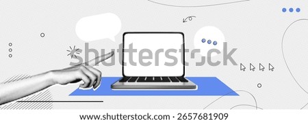 Trendy Halftone Collage Computer laptop with speech bubble messages and hand. Social media communication. Online chat or forum. Discussion and feedback. Contemporary vector illustration art