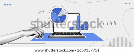 Trendy Halftone Collage Computer laptop with financial analytics. Pieces of pie chart. Business data and market share concept. Finance graph. Investment strategy. Contemporary vector illustration art
