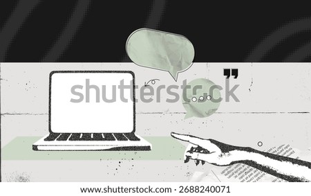 Trendy Halftone Collage Computer laptop with speech bubble messages and hand. Social media communication. Online chat or forum. Discussion and feedback. Contemporary vector illustration art