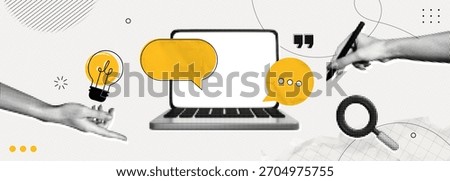 Trendy Halftone Collage Computer Laptop with Digital Marketing. Business startup. Hands with speech bubbles, lightning and pen. Development of social networks. Contemporary vector illustration banner