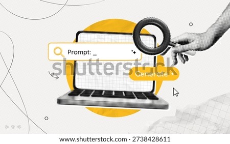 Trendy Halftone Collage Computer Laptop with Artificial intelligence chat. Promt for generation. Hand with magnifying glass searches in web browser. Contemporary vector illustration art