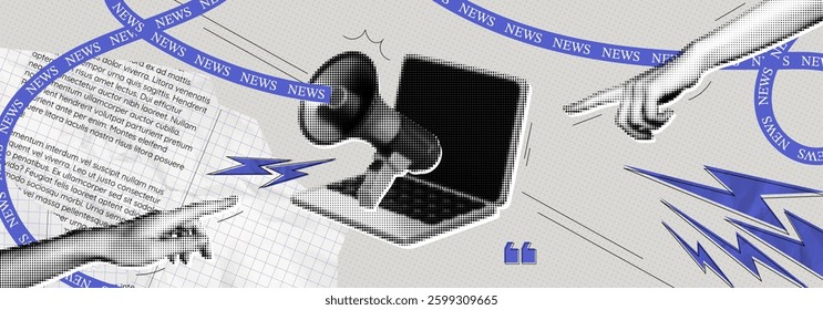 Trendy Halftone Collage Computer with Megaphone and Hands. Social media news and propaganda. Pop art design loudspeaker. Promotion banner with ripped paper. Contemporary vector illustration art