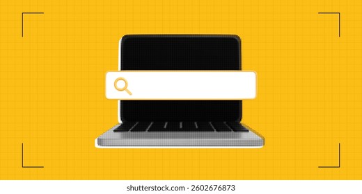 Trendy Halftone Collage Computer monitor screen with search bar.  Online hiring job. Seo management. Internet search engine. Dotted pop art style. Contemporary vector illustration art