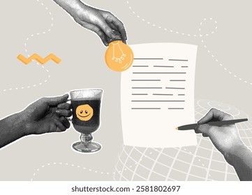 Trendy halftone collage. Concept of article writing, online work, freelancing,idea for article, work remotely with a mug of coffee. Hand with a pencil writing an article, working remotely with a mug