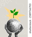 Trendy halftone collage. Concept of caring for our planet, careful attitude, sprout, concept of beginning and prosperity. Vector illustration