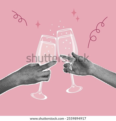 Trendy halftone collage. Concept of celebration, congratulations , fun. Contour drawing of glasses. Hands holding glasses with sparkling wine. Illustration for greeting cards,invitations, menu design
