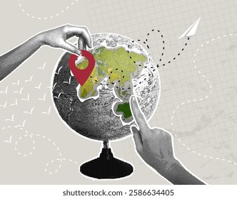 Trendy halftone collage. The concept of choosing a vacation spot, planning a trip. Hand shows place on globe where vacation is planned