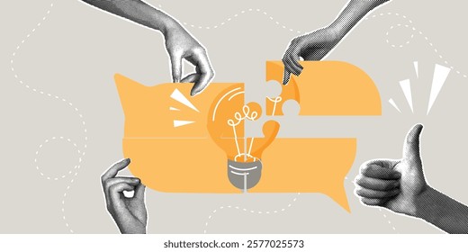 Trendy halftone collage. Concept of discussing a new idea, brainstorming, evaluating the profitability of a business idea. Discussion of a new idea, puzzle put together. Vector illustration