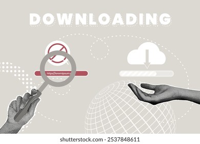 Trendy halftone collage. Concept of downloading data from cloud storage,download error,find the cause of download error,cloud storage,concept of processing data during download. Illustration for web