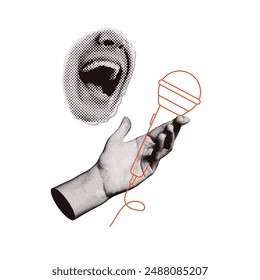 Trendy halftone collage concept. Elements cut out from a magazine, mouth, hand holding linear microphone. Retro modern design. Vector illustration