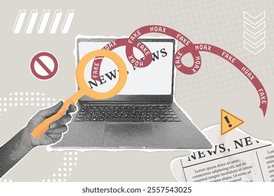 Trendy halftone collage. Concept of fake websites on laptop,fake news,sharing false information on social media,hoax. Hand with magnifying glass draws attention that news site is fake.Trendy retro