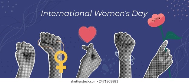 Trendy halftone collage. The concept of feminism. Allyship and sisterhood. Feminism. Collaboration of women's communities. Women's Day. Vector illustration