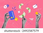 Trendy halftone collage. Concept of hands with money for payment. Image shows hands holding money, card. Trendy modern retro illustration on business and finance theme.