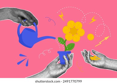 Trendy halftone collage. Concept of hands with investment. The image shows hands that attract investment for business development.Trendy modern retro illustration. Vector illustration