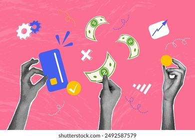 Trendy halftone collage. Concept of hands with money for payment. Image shows hands holding money, card. Trendy modern retro illustration on business and finance theme.