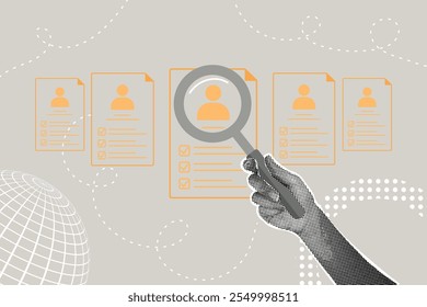 Trendy halftone collage. Concept of hiring employees,HR, checking information about employees and applicants. Fashionable modern retro illustration in mixed technique.