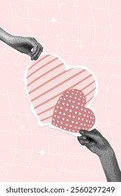 Trendy halftone collage. Concept of holiday, congratulations, gift, declaration of love. Hands holding a heart made of cut paper, old paper in grunge style. Trendy retro collage from the 90s. 