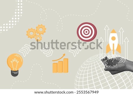 Trendy halftone collage. Concept of launching a new idea, product, analyzing budget, expenses to achieve the goal, planning, launching a business, successful start, development goal