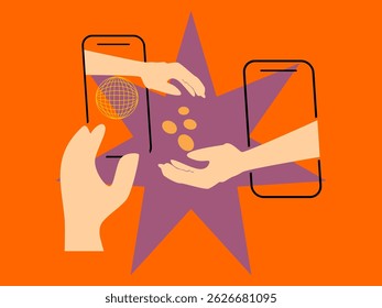 Collage de semitono de moda. Concepto de pago móvil, pago, transferencia de dinero de forma inalámbrica con App móvil. Ilustración de compras en línea. Banca en línea.