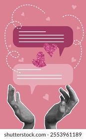 Trendy halftone collage. Concept of online greetings, communication, sharing greetings. Collage style postcard for valentines day, march 8. Trendy retro collage from the 80s. 