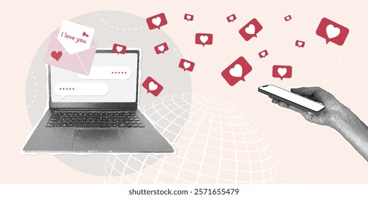 A trendy halftone collage. Concept of online communication, receiving mail, congratulating each other, mutual sympathy. Hand holding a modern phone and laptop,social media icon in the form of a heart