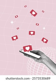 Trendy halftone collage. Concept of online communication, congratulating each other. Hands holding a modern phone,congratulations to a loved one, social network icon in the form of a heart. Trendy