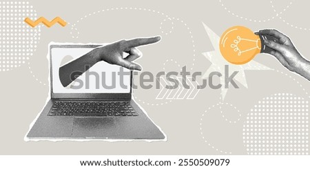 Trendy halftone collage Concept of online education,remote work, discussion, correspondence, brainstorming, new ideas. Notebook with hand and light bulb idea. Smart thinking and brainstorming