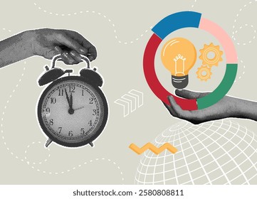Trendy halftone collage. Concept of planning, time management, efficiency, productivity, delegating tasks, schedule management.