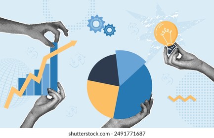 Trendy halftone collage. Concept of process implementation, work integration, Improve execution and optimize management. Application and activation of innovation in manufacturing business