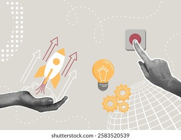 Trendy halftone collage. Concept of starting a new business, fast start,strive to win, ignite growth, launch your ideas. Hand presses start button for quick start of new business. Vector illustration