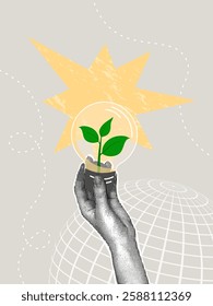 Trendy halftone collage. Concept of taking care of our planet, Green energy, sprout, innovation. Vector illustration