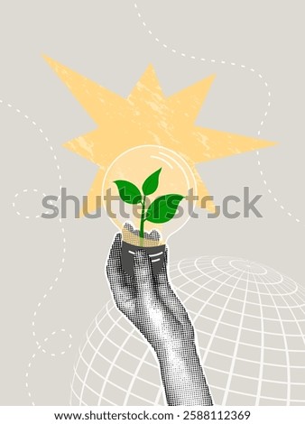 Trendy halftone collage. Concept of taking care of our planet, Green energy, sprout, innovation. Vector illustration