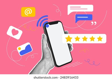 Trendy halftone collage. Concept of using wifi,communication,mail,quality assessment. Concept of business, online communication, shopping, career. Trendy modern retro 