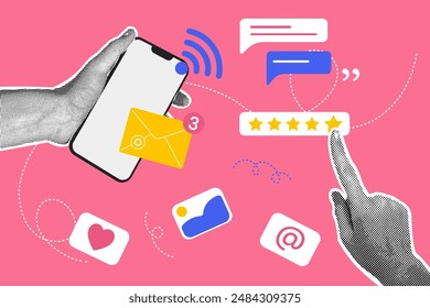 Trendy halftone collage. Concept of using wifi,communication, quality assessment. Concept of business, online communication, shopping, career. Trendy modern retro illustration in bright trendy colors