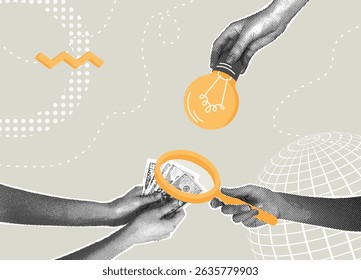 Trendy halftone collage. Conceptual illustration of investment and idea generation. The concept of investment, new ideas with increased profits, the concept of problem solving.