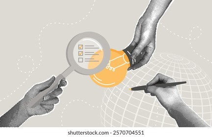 Trendy halftone collage. Conceptualizing an idea, validating an idea with market research, business viability, evaluating the profitability of a business idea. C magnifying glass analyzing an idea