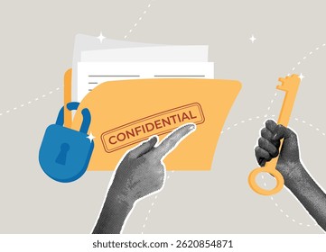 Trendy halftone collage. Confidential information, security, access and data protection. Privacy protection concept, document security, accessibility control concept.