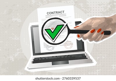 Trendy halftone collage. Contract review process.Concept of discussing a contract, scrutinizing, approved. 